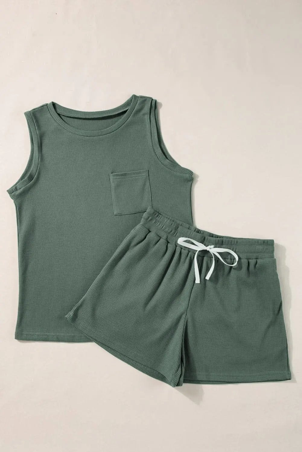 Mist Green Waffle Knit Patched Pocket Tank and Drawstring Shorts Set - Love Salve